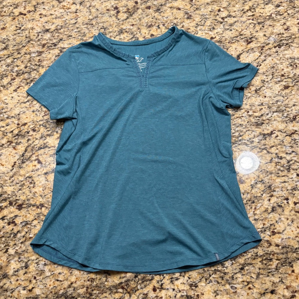 Kuhl Women Teal Blue Short Sleeve Split Neck Embroidered Hiking Top Small ws